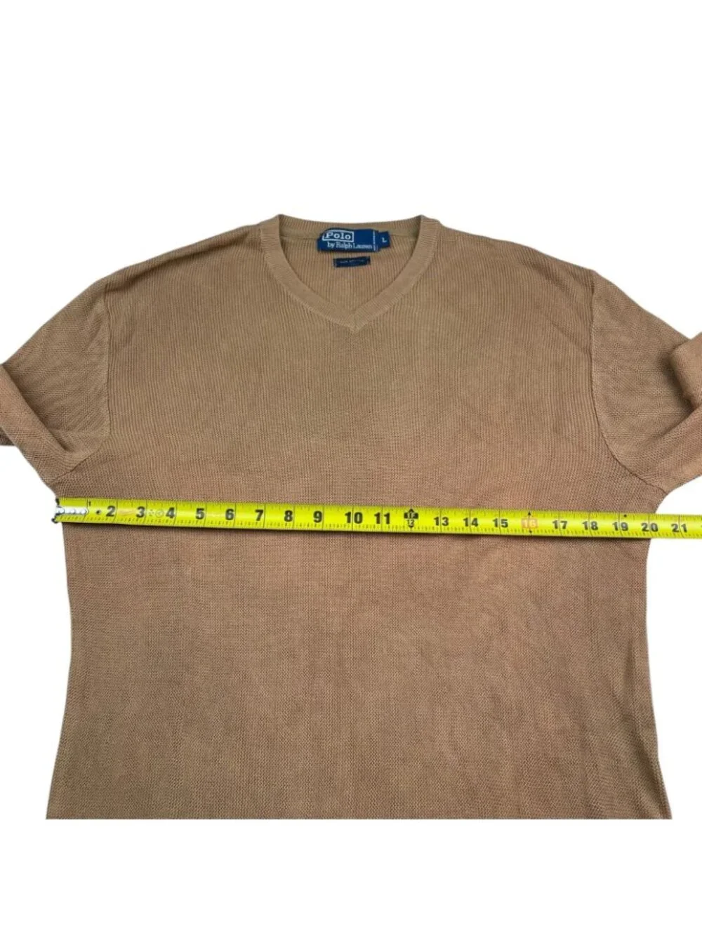 VTG Polo Ralph Lauren Men's 100% Cotton Knit V-Neck Pullover Sweater Tan • Large